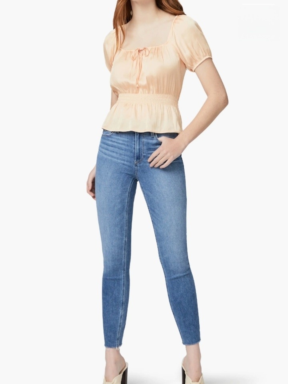 PAIGE Peach Peplum Puff-Sleeve Blouse